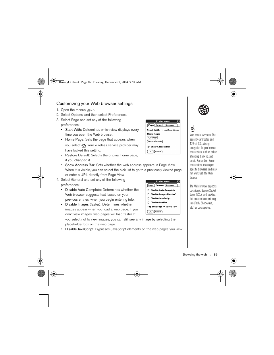 Customizing your web browser settings | Palm TREOTM 650 User Manual | Page 91 / 208