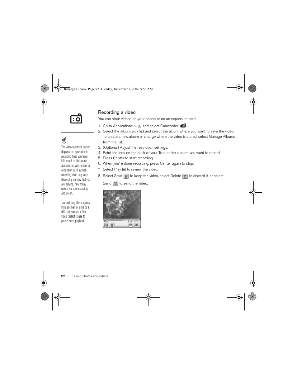 Recording a video | Palm TREOTM 650 User Manual | Page 94 / 208