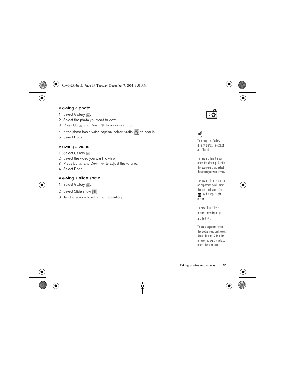 Viewing a photo, Viewing a video, Viewing a slide show | Palm TREOTM 650 User Manual | Page 95 / 208