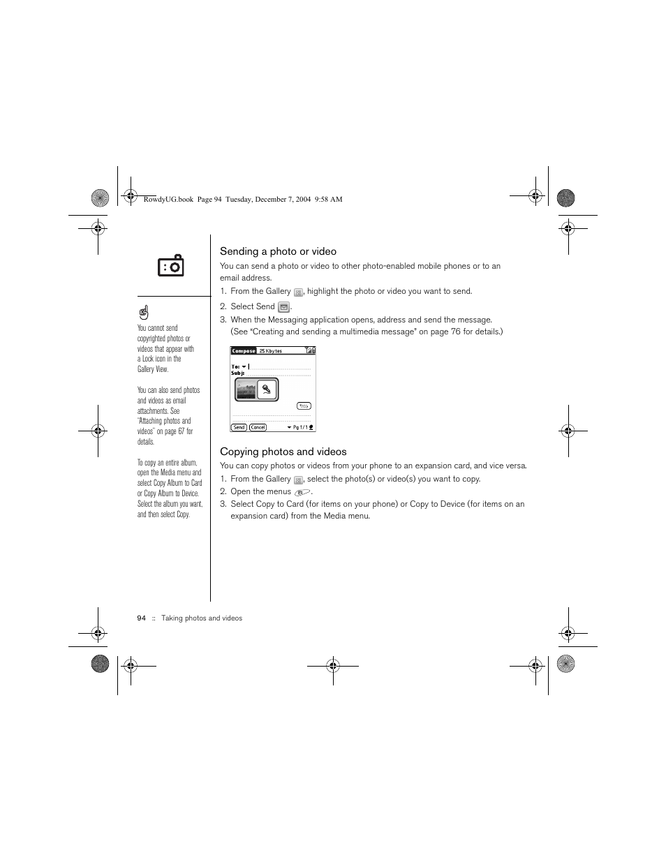 Sending a photo or video, Copying photos and videos | Palm TREOTM 650 User Manual | Page 96 / 208