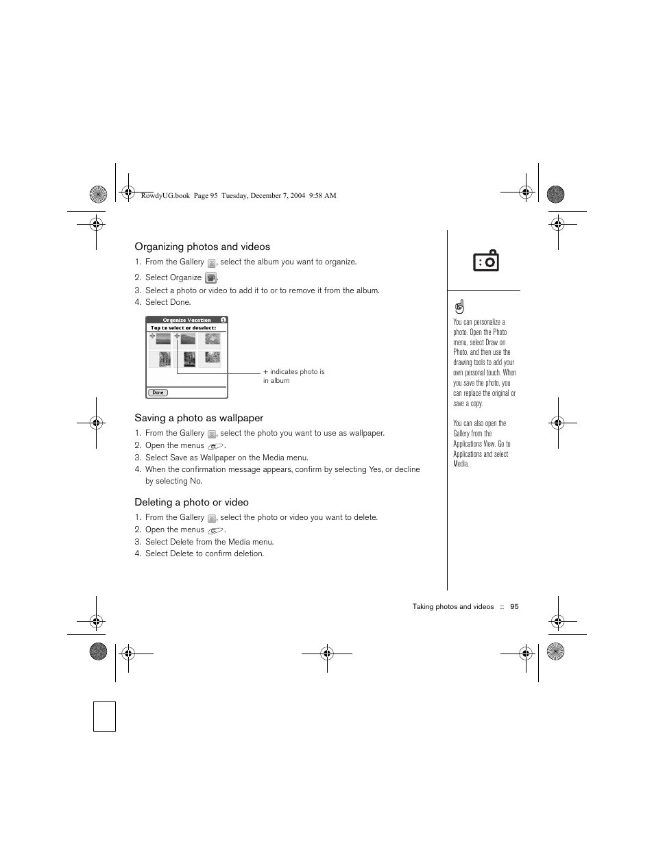 Organizing photos and videos, Saving a photo as wallpaper, Deleting a photo or video | Palm TREOTM 650 User Manual | Page 97 / 208