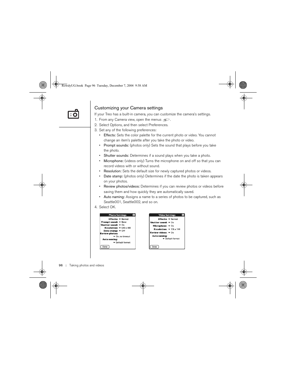 Customizing your camera settings | Palm TREOTM 650 User Manual | Page 98 / 208