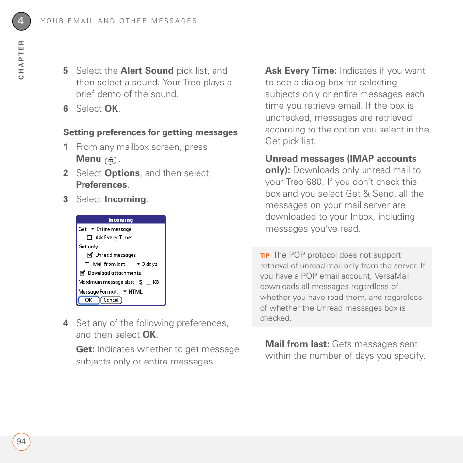 Setting preferences for getting messages | Palm 680 User Manual | Page 100 / 312