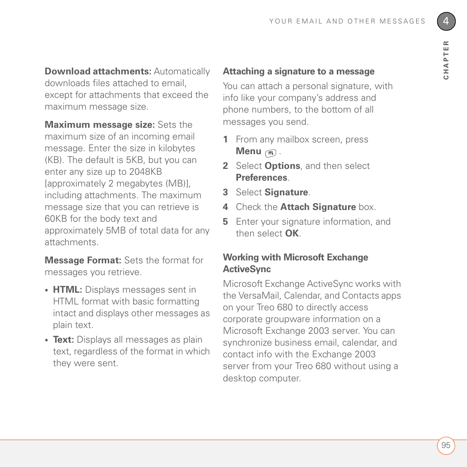 Attaching a signature to a message, Working with microsoft exchange activesync | Palm 680 User Manual | Page 101 / 312