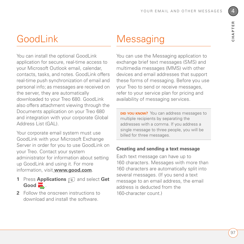 Goodlink, Messaging, Creating and sending a text message | Palm 680 User Manual | Page 103 / 312