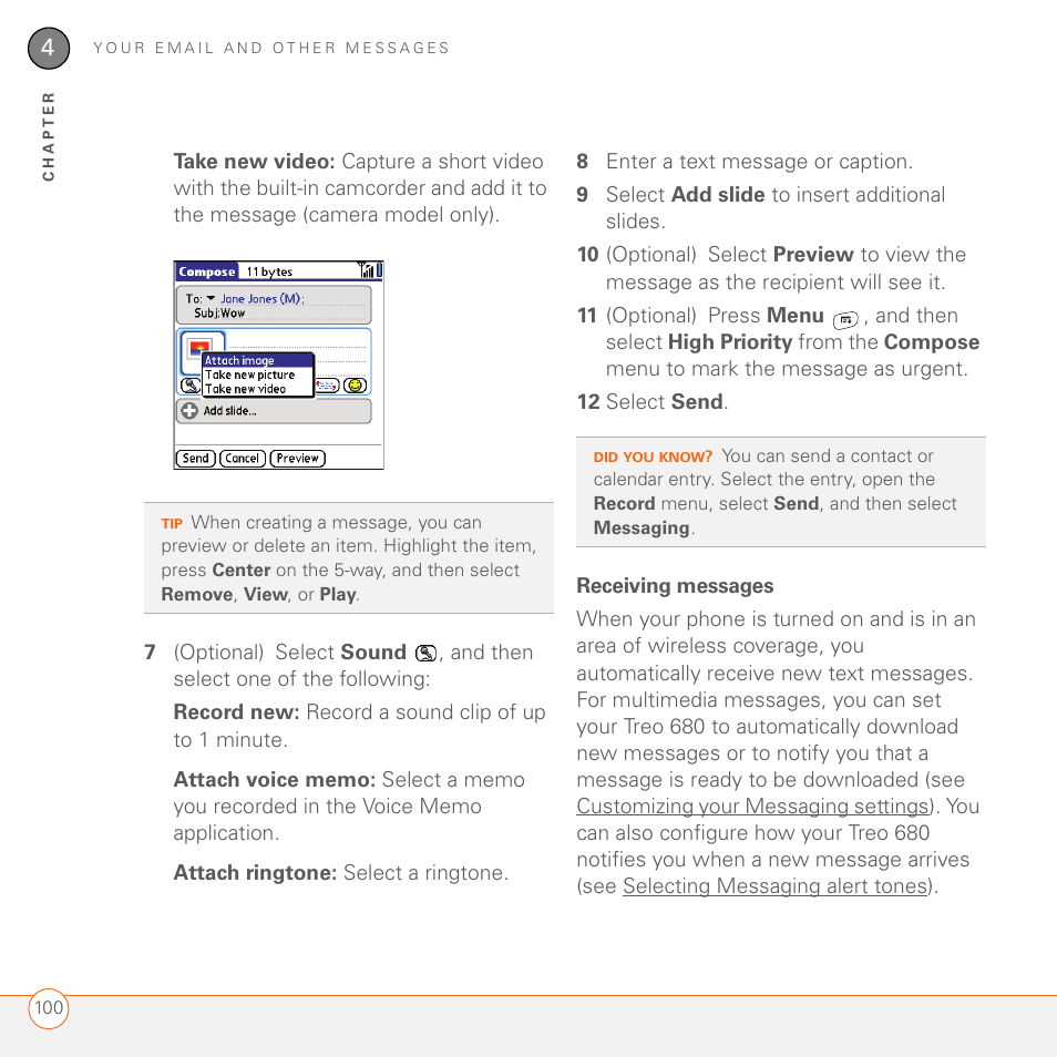 Receiving messages | Palm 680 User Manual | Page 106 / 312