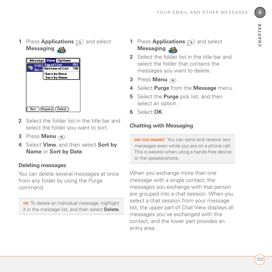 Deleting messages, Chatting with messaging | Palm 680 User Manual | Page 109 / 312