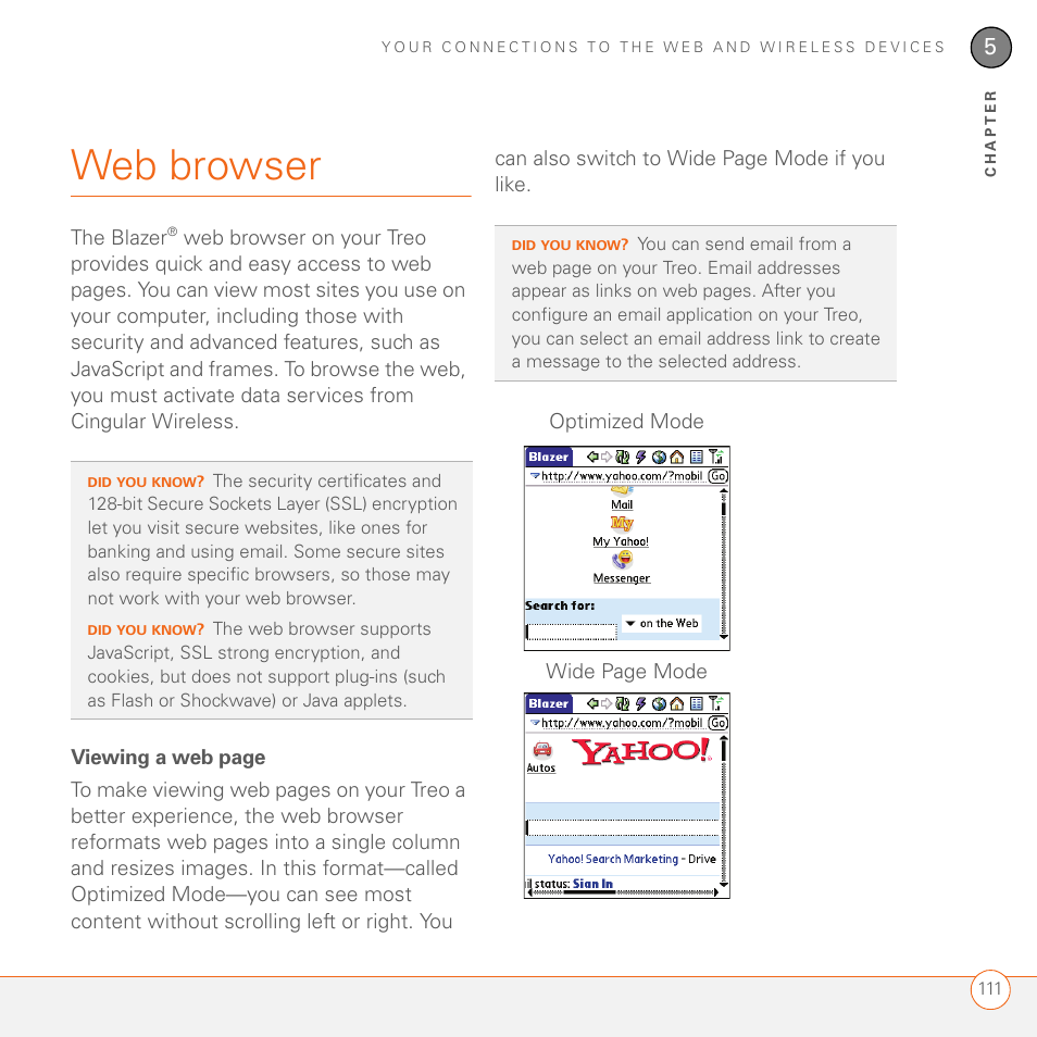 Web browser, The blazer, Optimized mode wide page mode | Palm 680 User Manual | Page 117 / 312