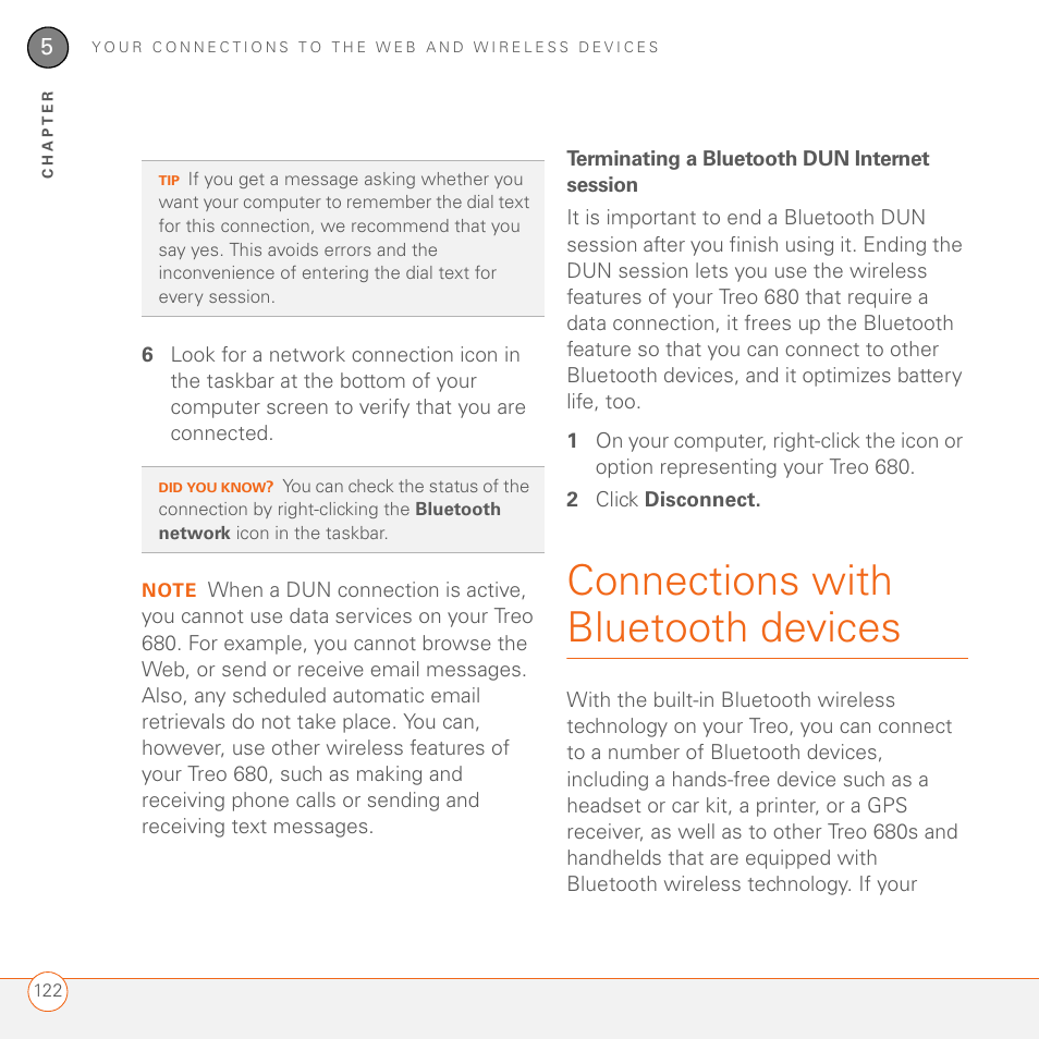 Terminating a bluetooth dun internet session, Connections with bluetooth devices | Palm 680 User Manual | Page 128 / 312