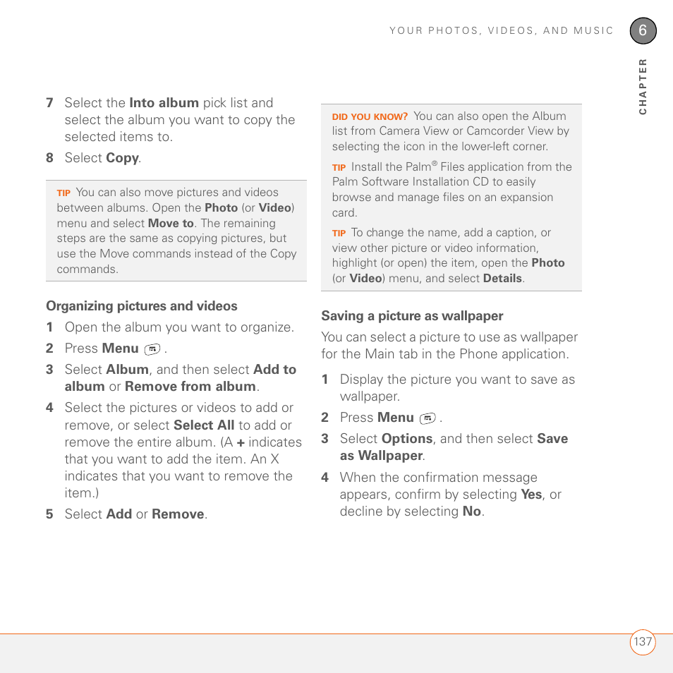 Organizing pictures and videos, Saving a picture as wallpaper | Palm 680 User Manual | Page 143 / 312