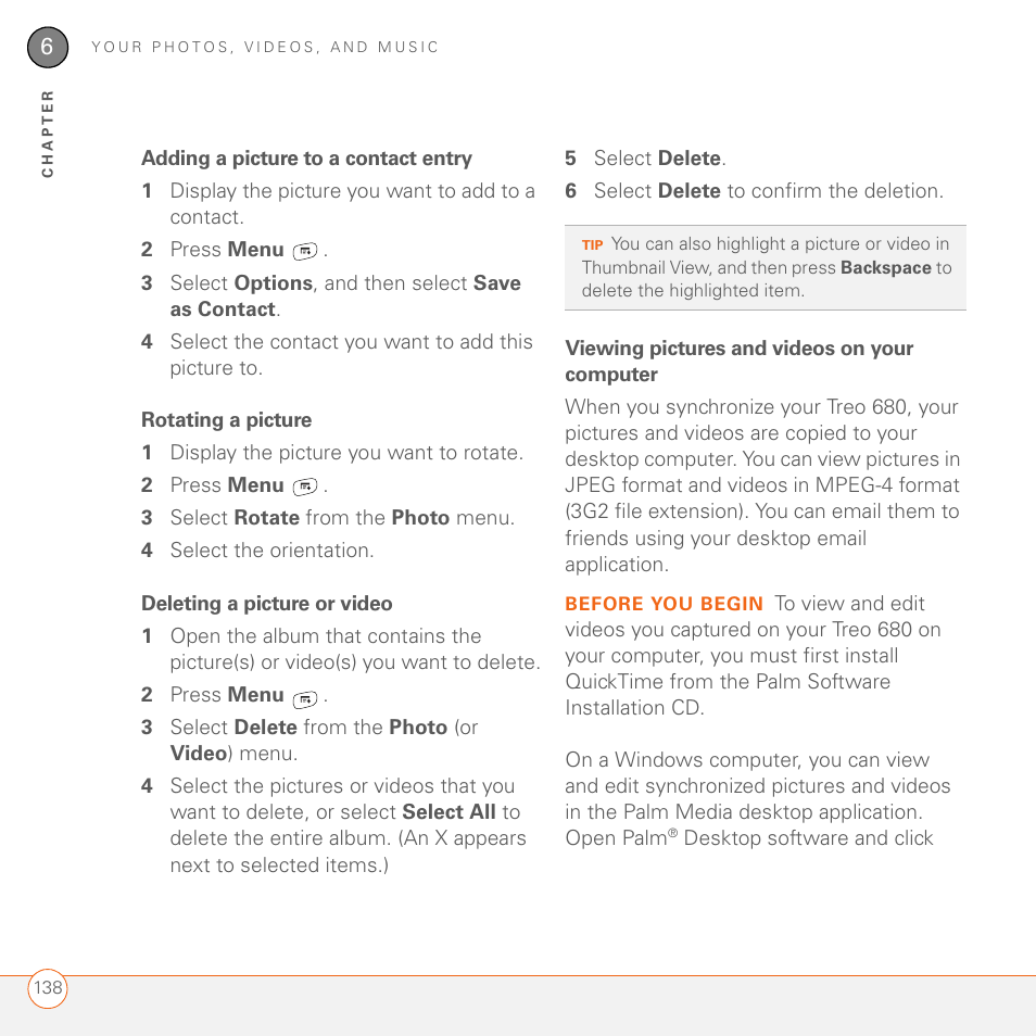 Adding a picture to a contact entry, Rotating a picture, Deleting a picture or video | Viewing pictures and videos on your computer | Palm 680 User Manual | Page 144 / 312