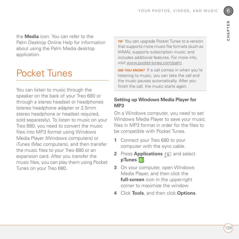 Pocket tunes, Setting up windows media player for mp3 | Palm 680 User Manual | Page 145 / 312
