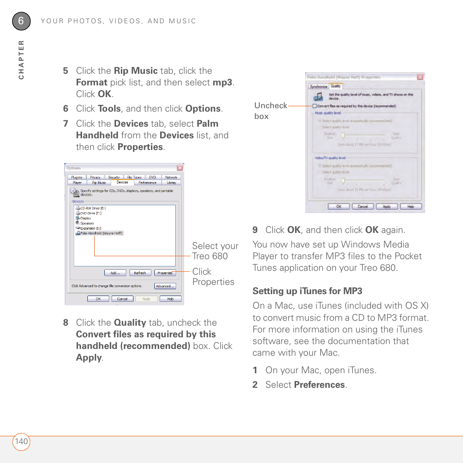 Setting up itunes for mp3 | Palm 680 User Manual | Page 146 / 312