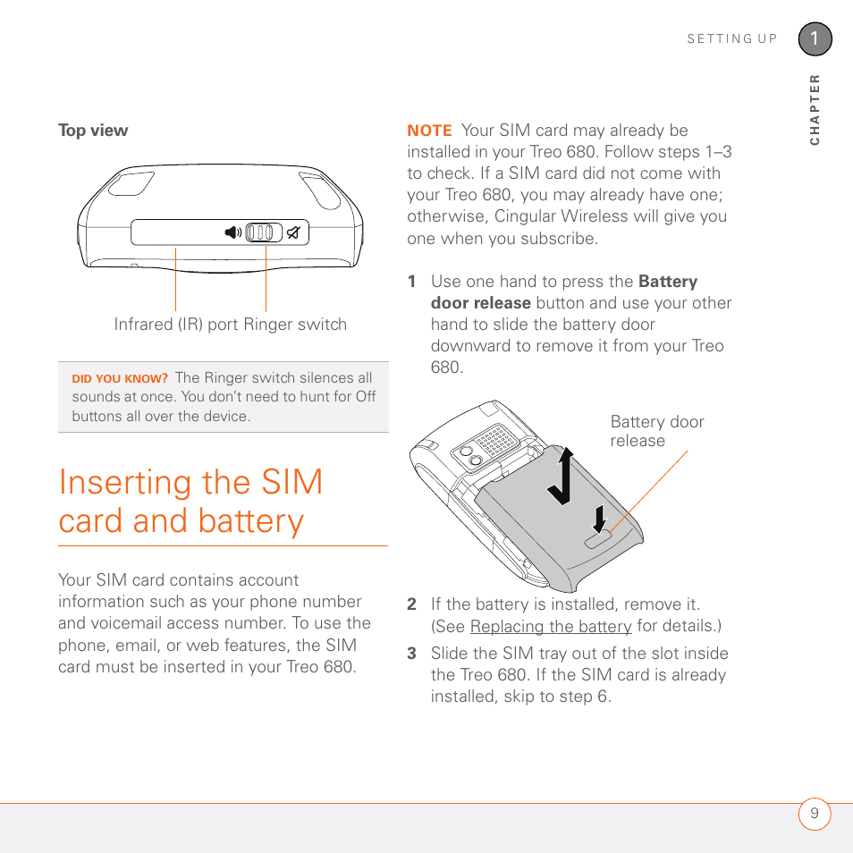 Top view, Inserting the sim card and battery | Palm 680 User Manual | Page 15 / 312