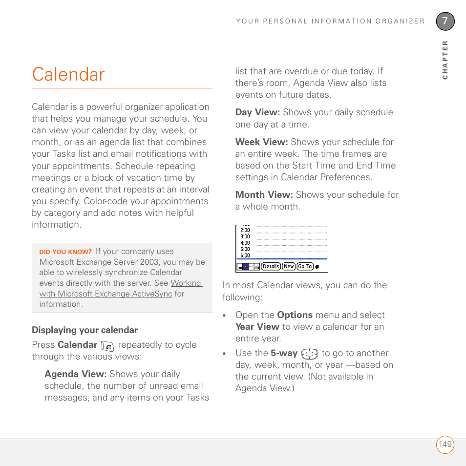 Calendar, Displaying your calendar | Palm 680 User Manual | Page 155 / 312