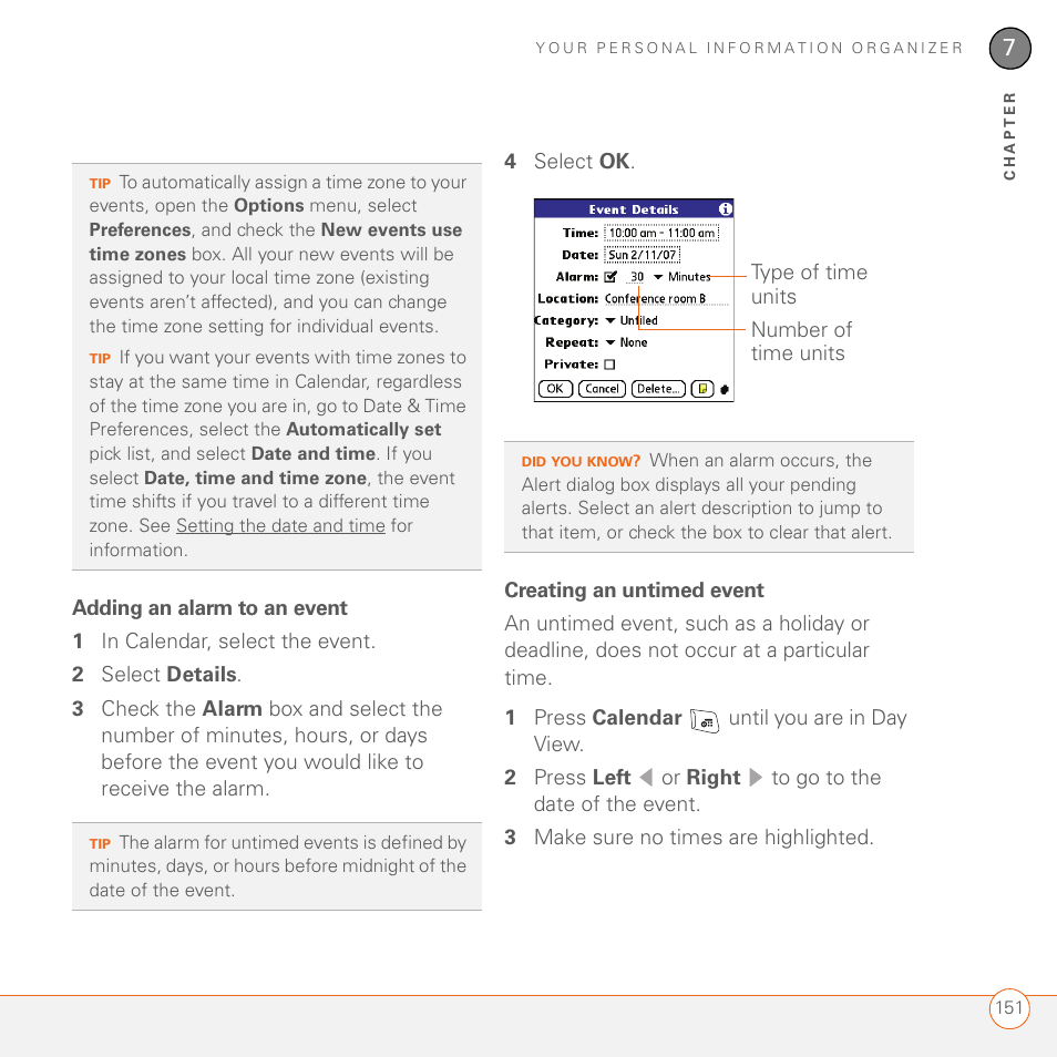 Adding an alarm to an event, Creating an untimed event | Palm 680 User Manual | Page 157 / 312