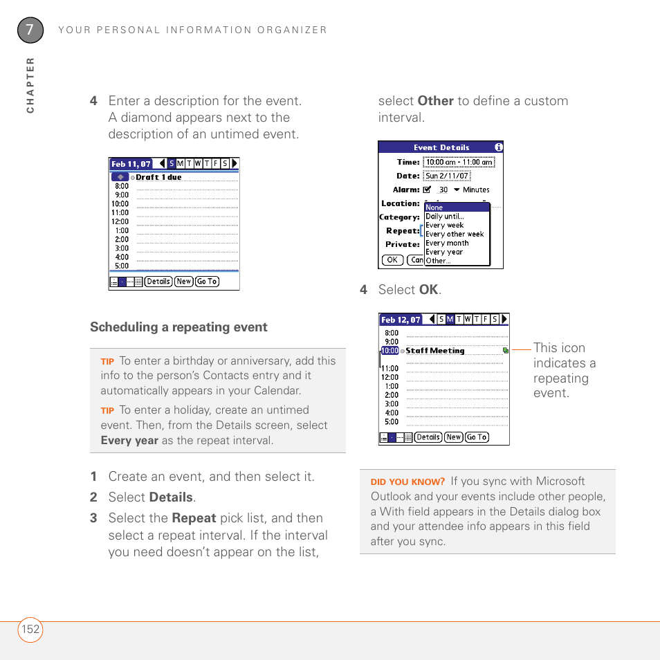 Scheduling a repeating event | Palm 680 User Manual | Page 158 / 312