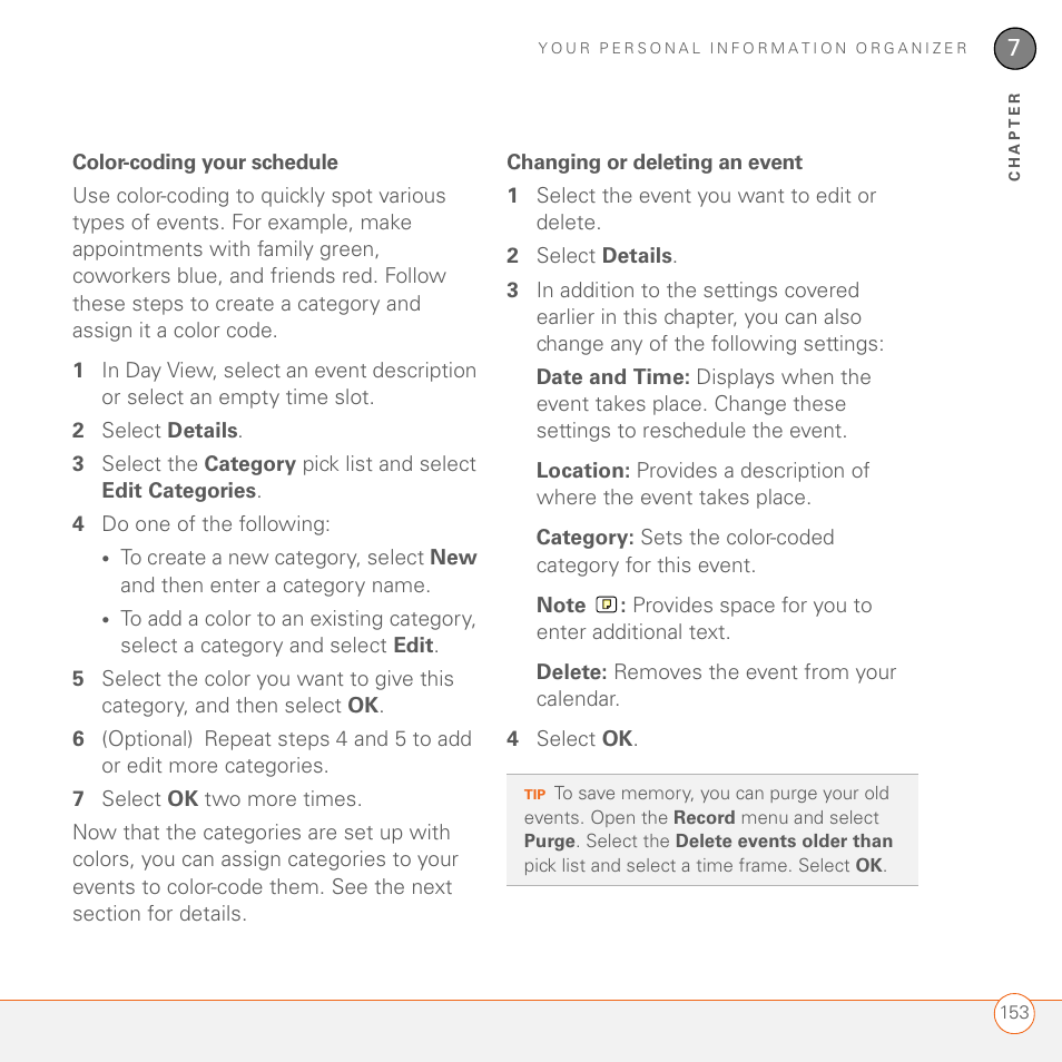 Color-coding your schedule, Changing or deleting an event | Palm 680 User Manual | Page 159 / 312