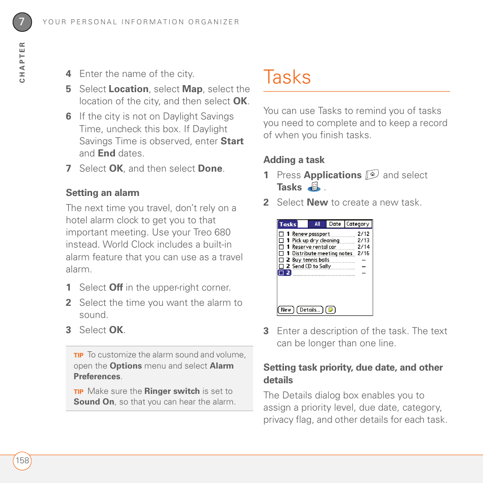 Setting an alarm, Tasks, Adding a task | Setting task priority, due date, and other details | Palm 680 User Manual | Page 164 / 312