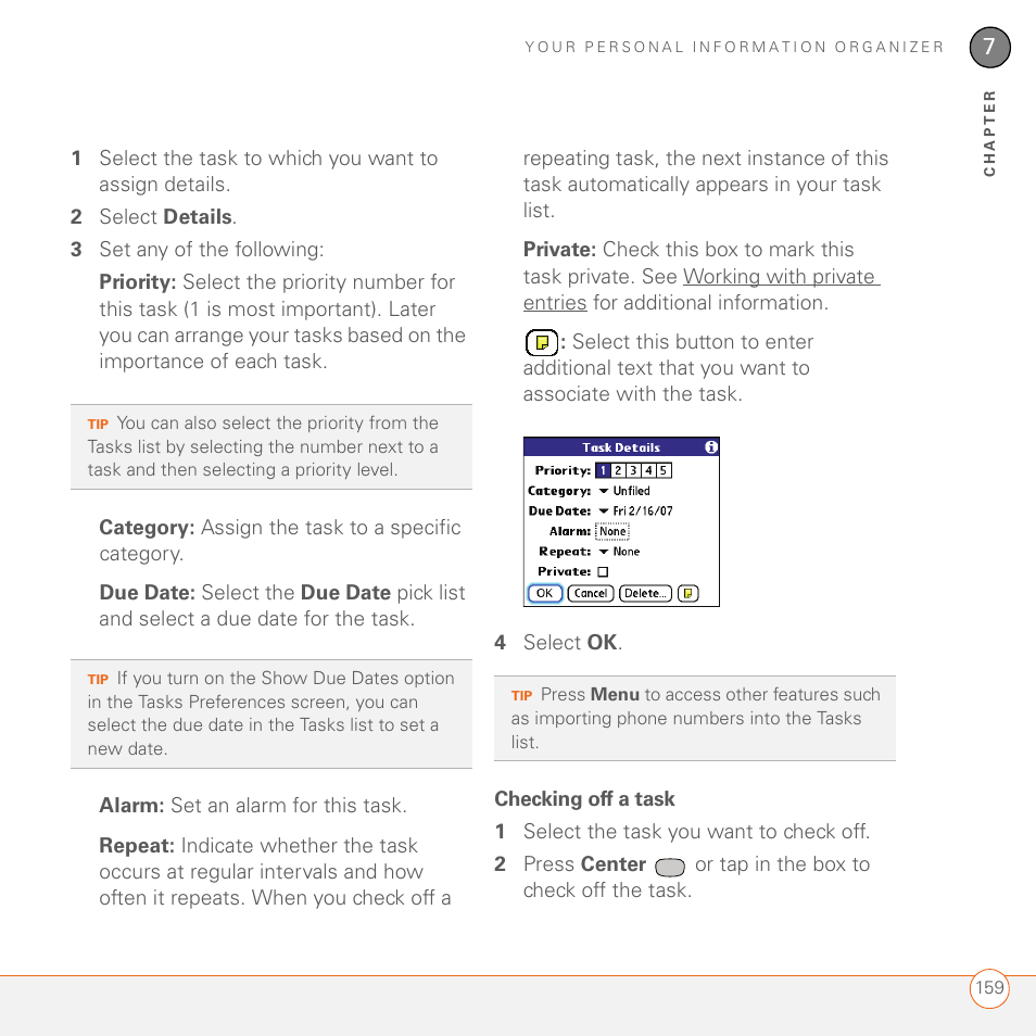 Checking off a task | Palm 680 User Manual | Page 165 / 312