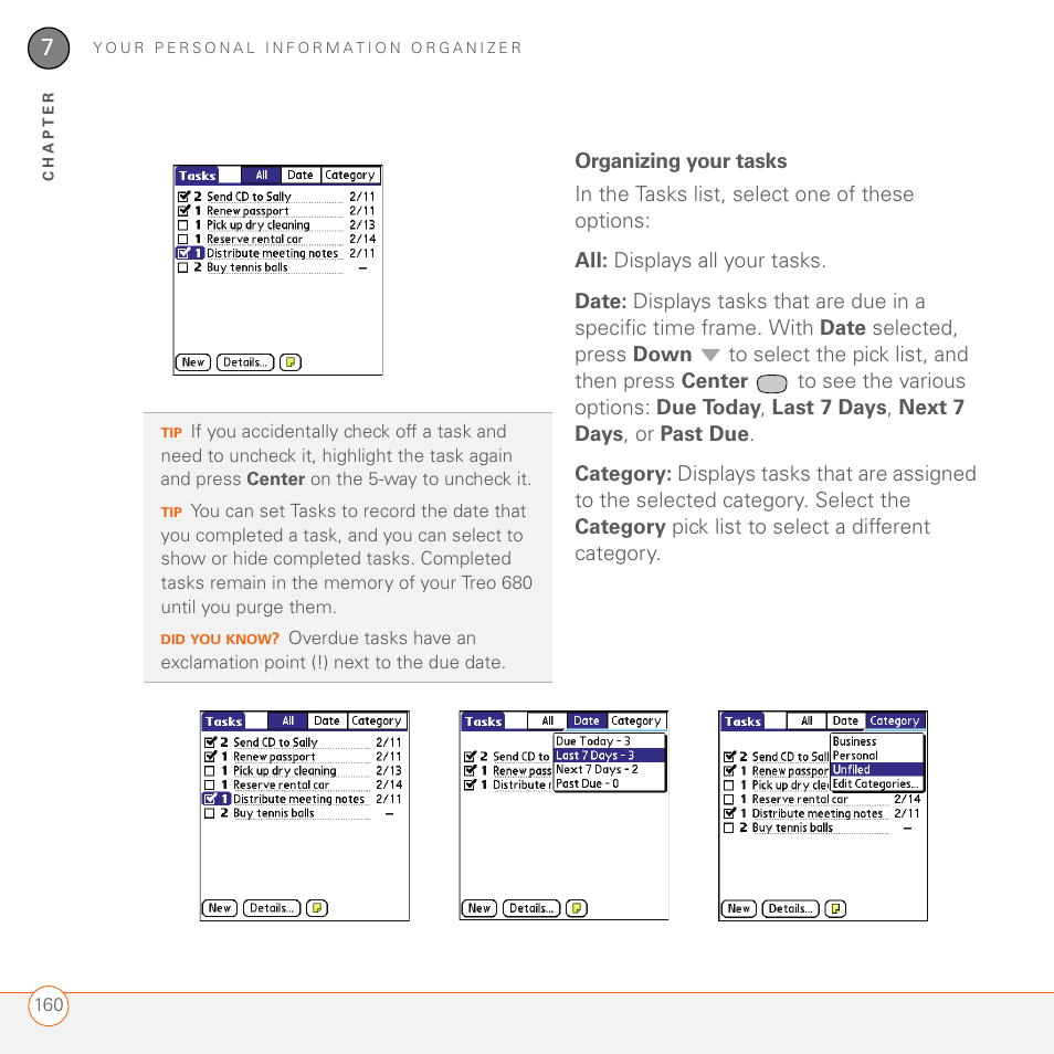 Organizing your tasks | Palm 680 User Manual | Page 166 / 312