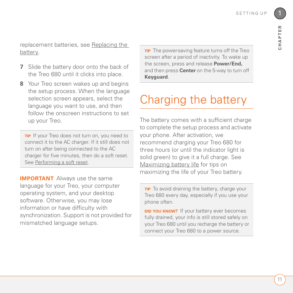 Charging the battery | Palm 680 User Manual | Page 17 / 312