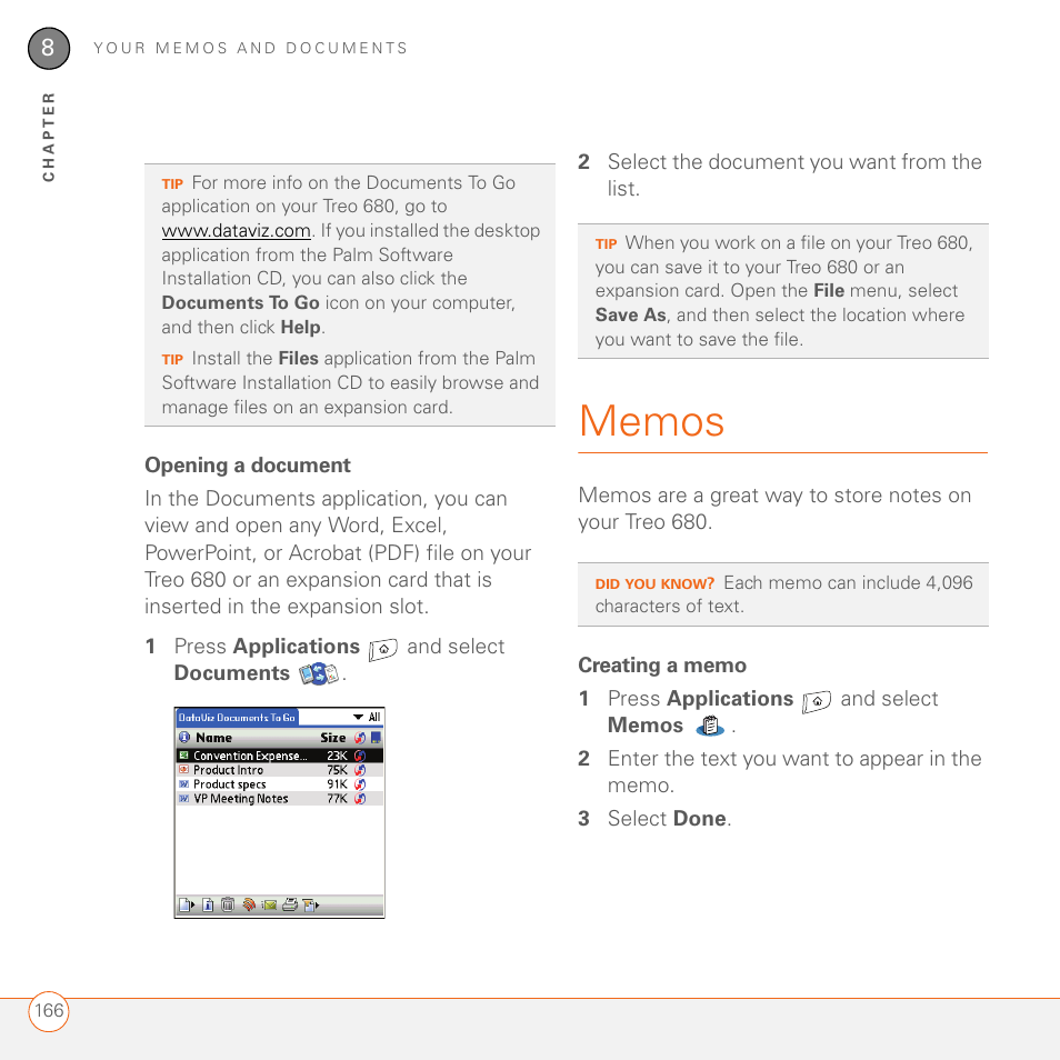 Opening a document, Memos, Creating a memo | Palm 680 User Manual | Page 172 / 312