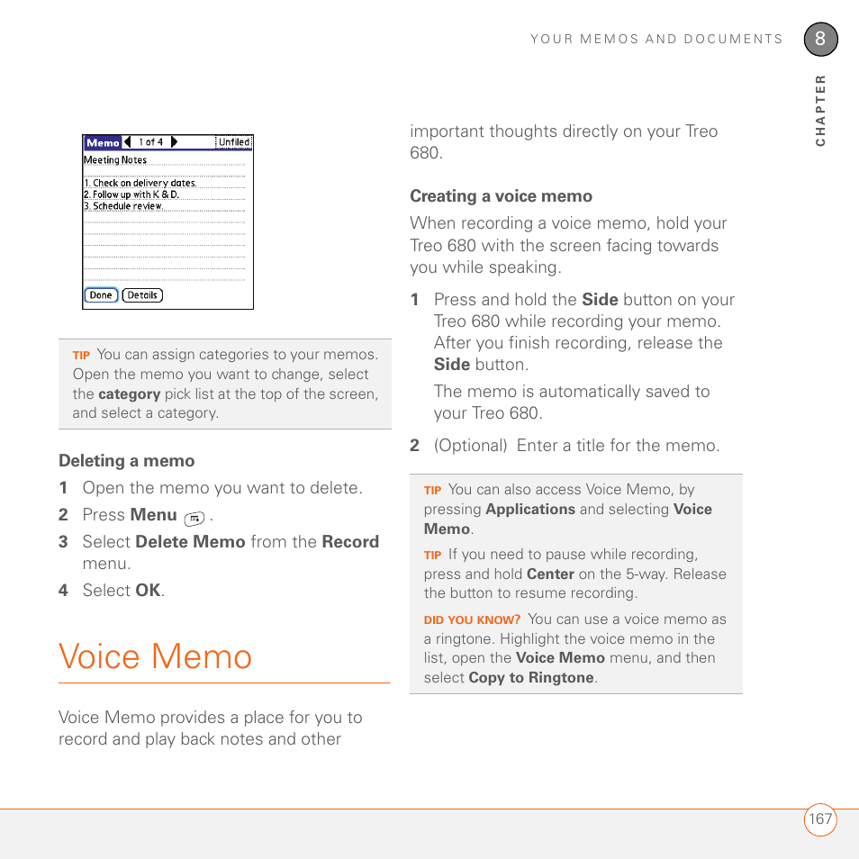 Deleting a memo, Voice memo, Creating a voice memo | Palm 680 User Manual | Page 173 / 312