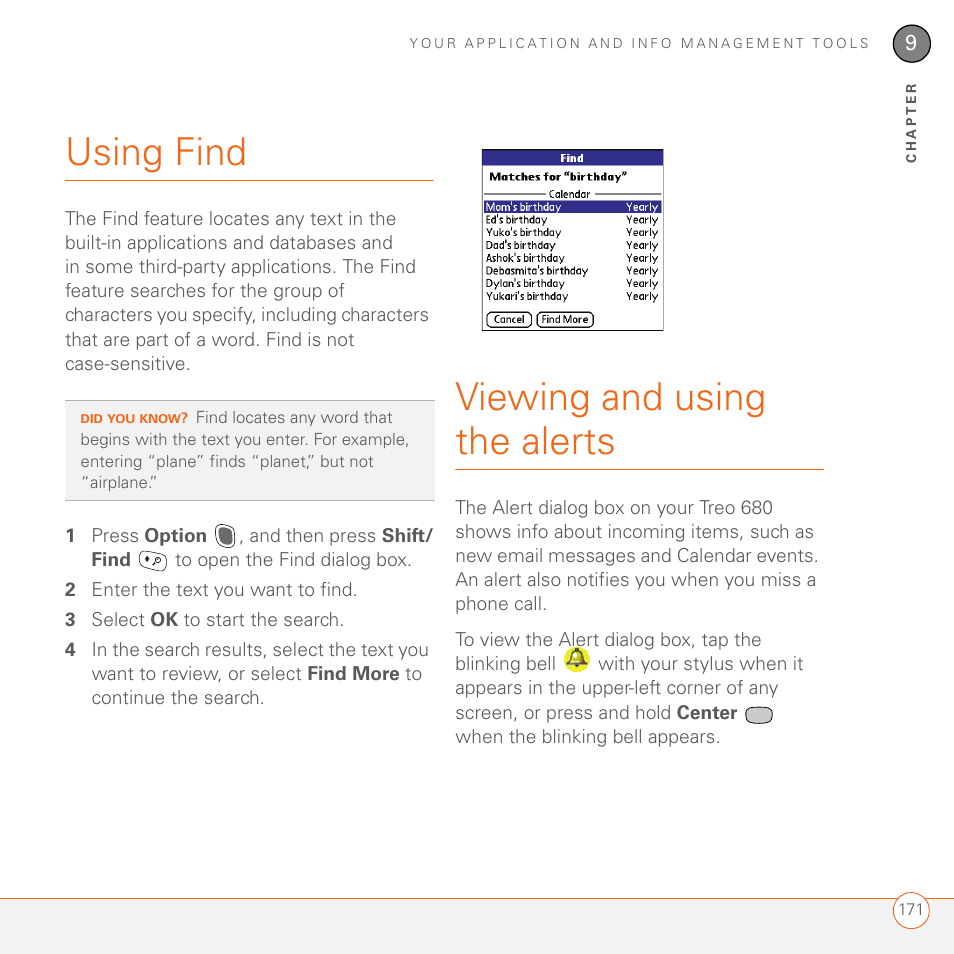 Using find, Viewing and using the alerts | Palm 680 User Manual | Page 177 / 312