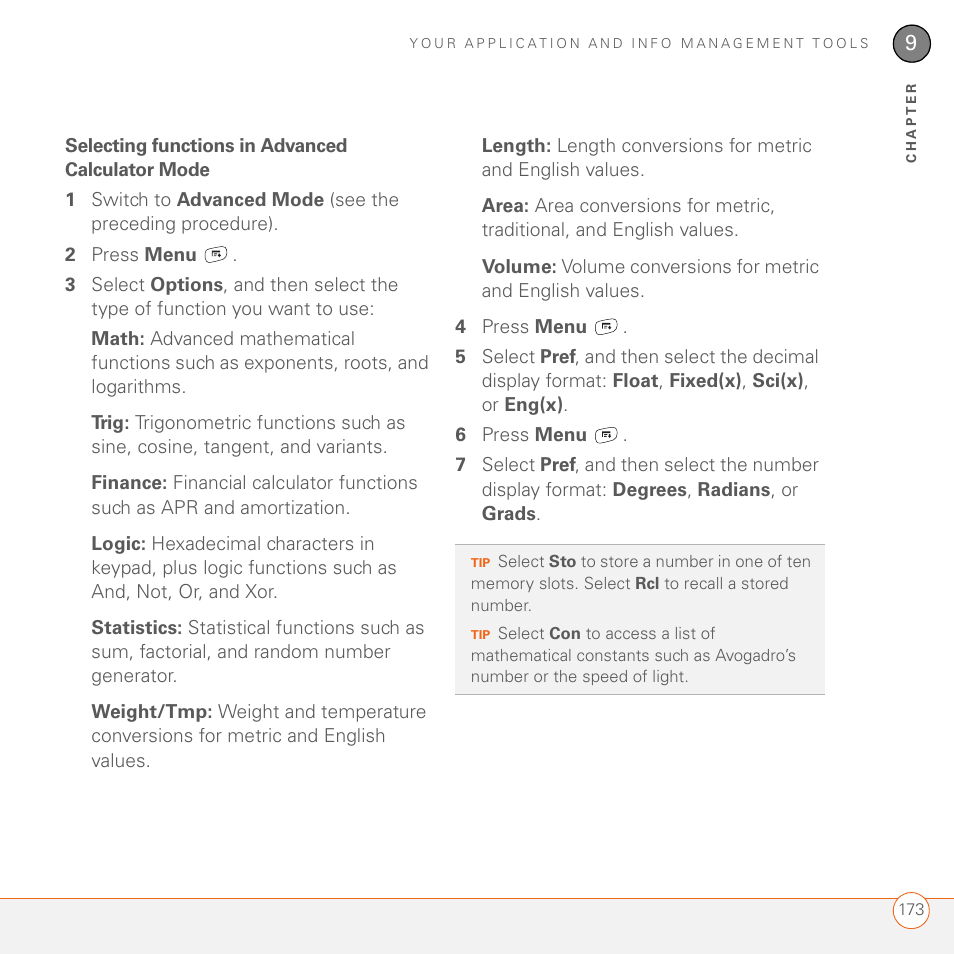 Selecting functions in advanced calculator mode | Palm 680 User Manual | Page 179 / 312