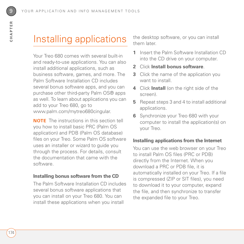 Installing applications, Installing bonus software from the cd, Installing applications from the internet | Palm 680 User Manual | Page 180 / 312