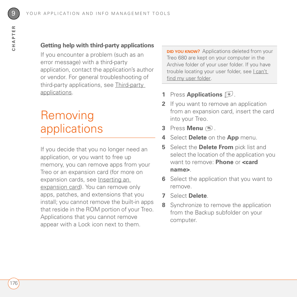 Getting help with third-party applications, Removing applications | Palm 680 User Manual | Page 182 / 312