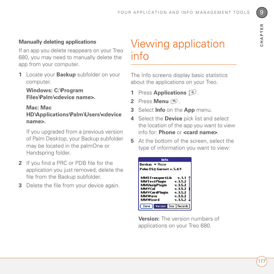 Manually deleting applications, Viewing application info | Palm 680 User Manual | Page 183 / 312