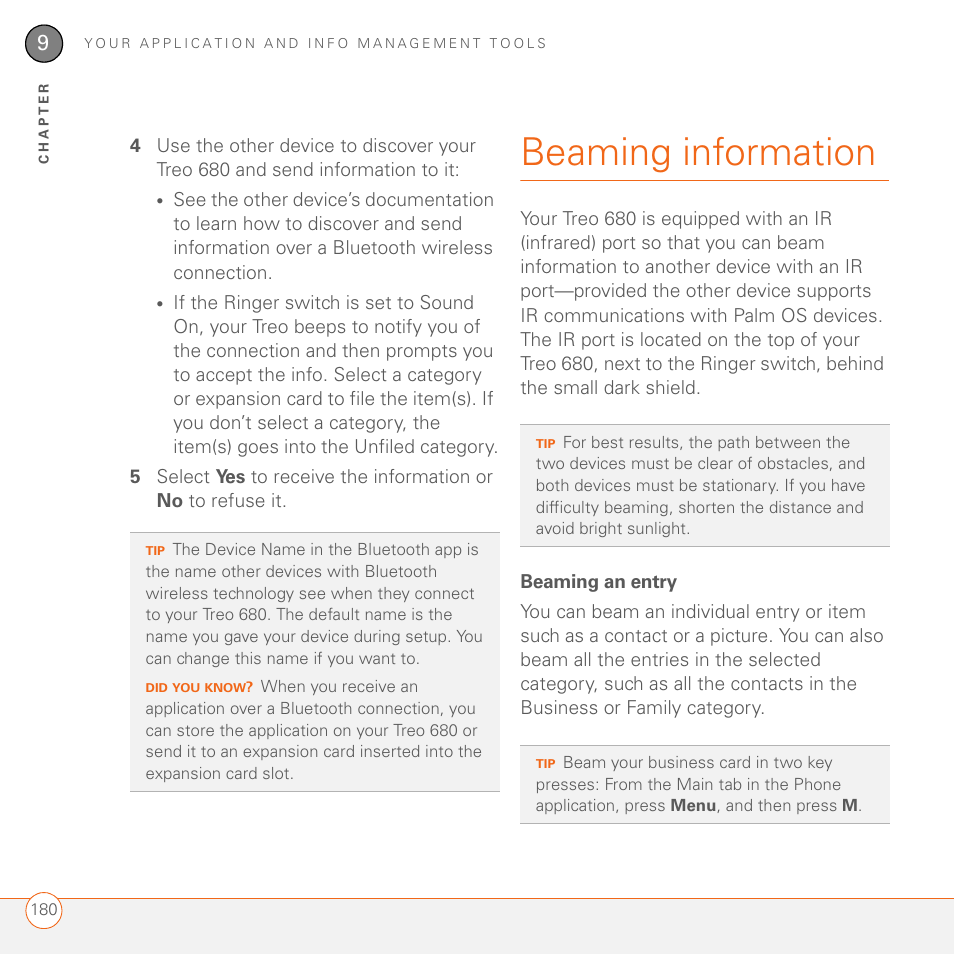 Beaming information, Beaming an entry | Palm 680 User Manual | Page 186 / 312
