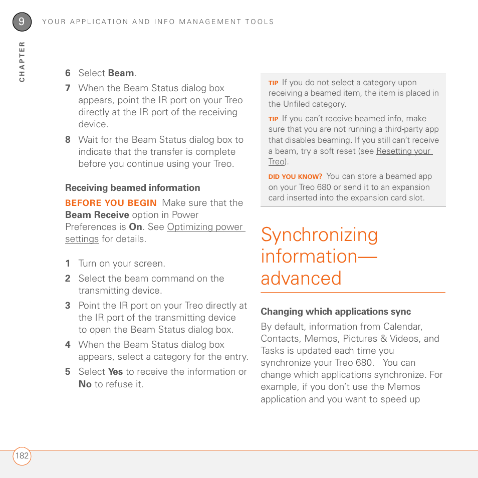 Receiving beamed information, Synchronizing information- advanced, Changing which applications sync | Synchronizing information— advanced | Palm 680 User Manual | Page 188 / 312
