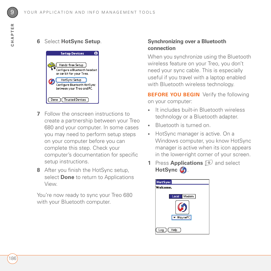 Synchronizing over a bluetooth connection | Palm 680 User Manual | Page 192 / 312