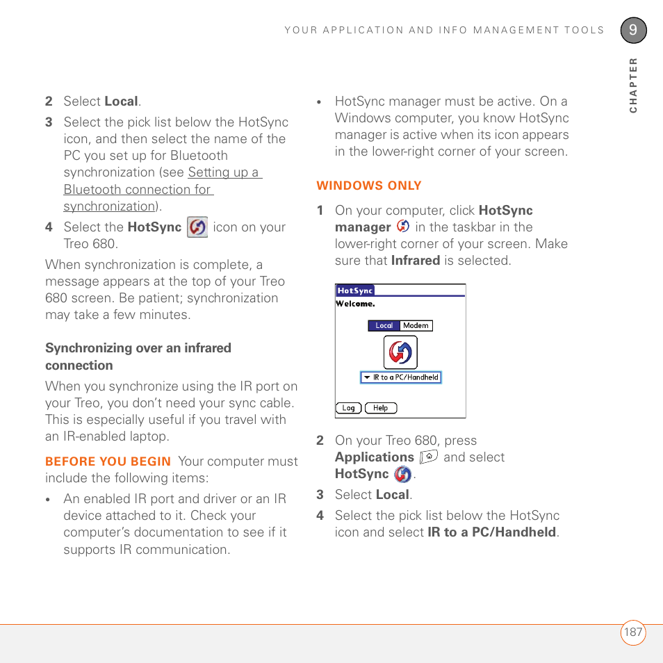 Synchronizing over an infrared connection | Palm 680 User Manual | Page 193 / 312