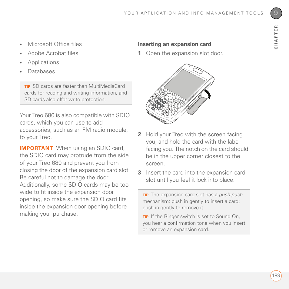 Inserting an expansion card | Palm 680 User Manual | Page 195 / 312