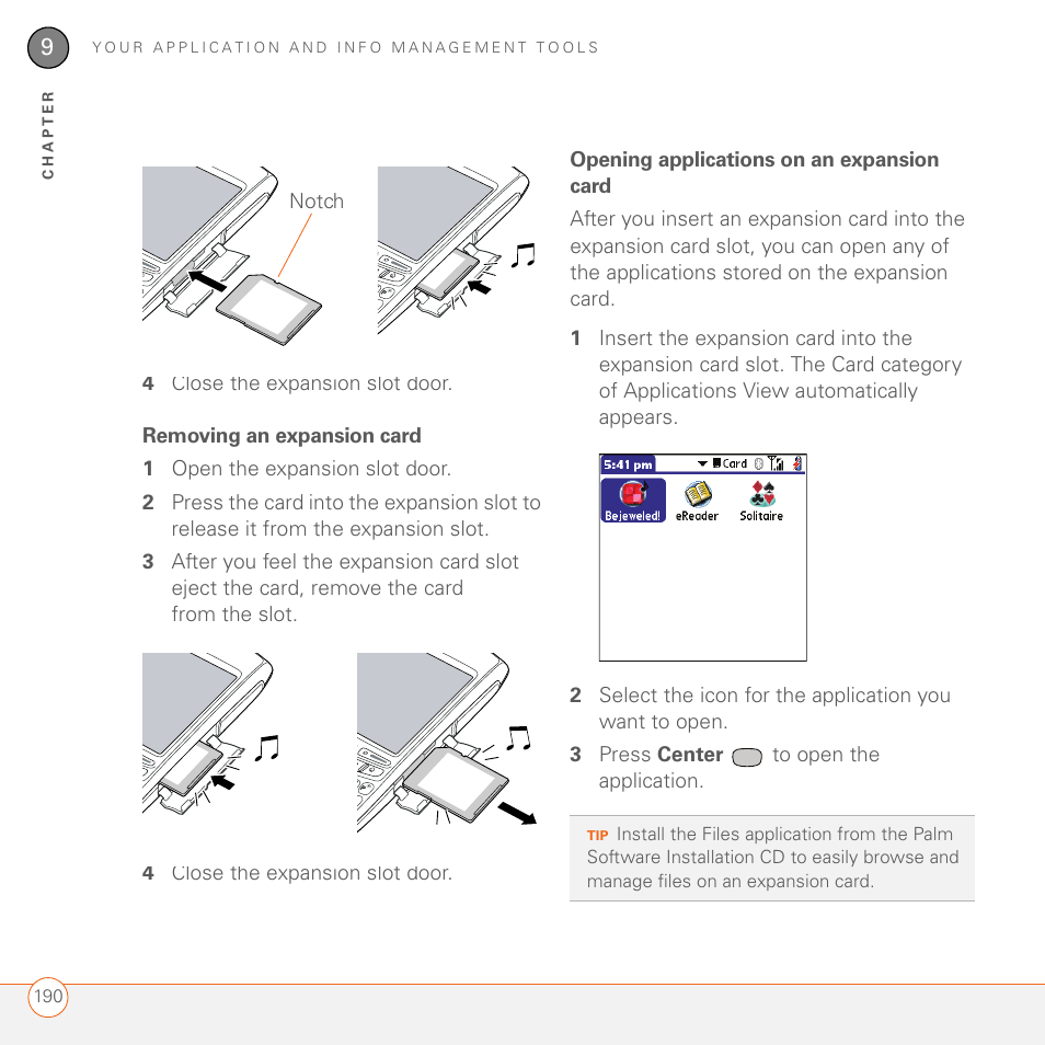 Removing an expansion card, Opening applications on an expansion card | Palm 680 User Manual | Page 196 / 312