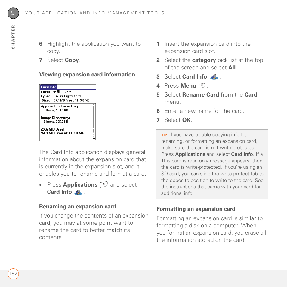 Viewing expansion card information, Renaming an expansion card, Formatting an expansion card | Palm 680 User Manual | Page 198 / 312
