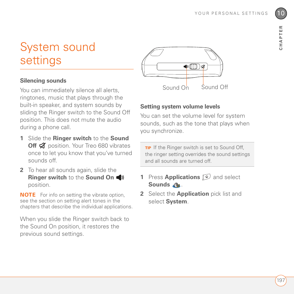 System sound settings, Silencing sounds, Setting system volume levels | Palm 680 User Manual | Page 203 / 312