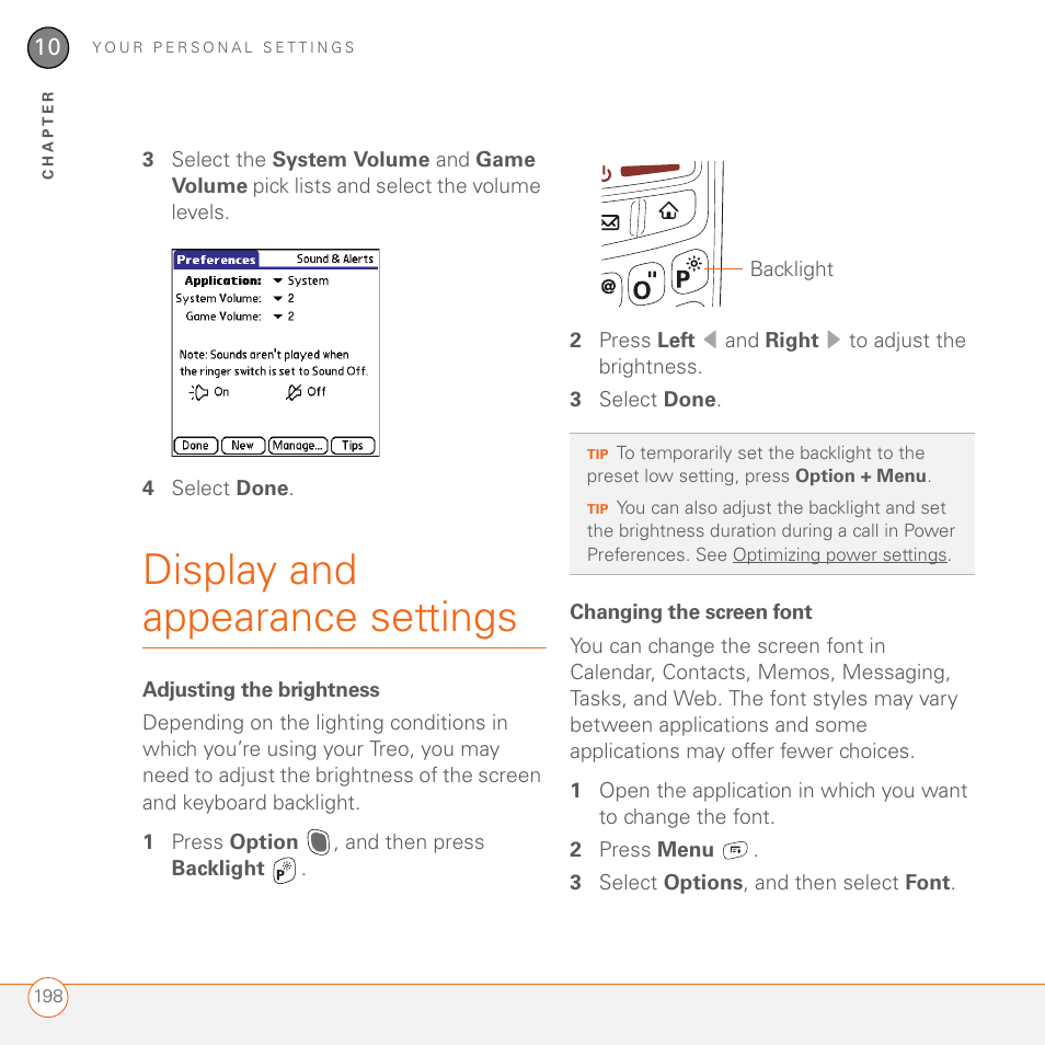 Display and appearance settings, Adjusting the brightness, Changing the screen font | Palm 680 User Manual | Page 204 / 312