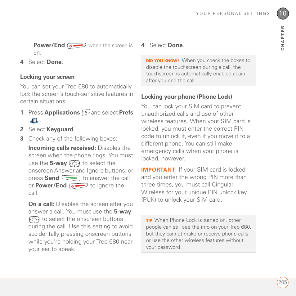 Locking your screen, Locking your phone (phone lock) | Palm 680 User Manual | Page 211 / 312