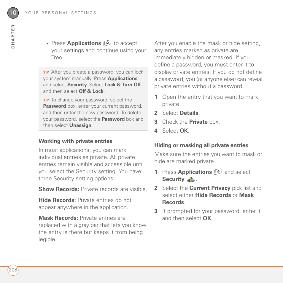 Working with private entries, Hiding or masking all private entries | Palm 680 User Manual | Page 214 / 312
