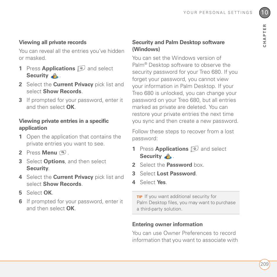 Viewing all private records, Viewing private entries in a specific application, Security and palm desktop software (windows) | Entering owner information | Palm 680 User Manual | Page 215 / 312