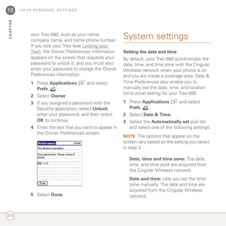 System settings, Setting the date and time | Palm 680 User Manual | Page 216 / 312