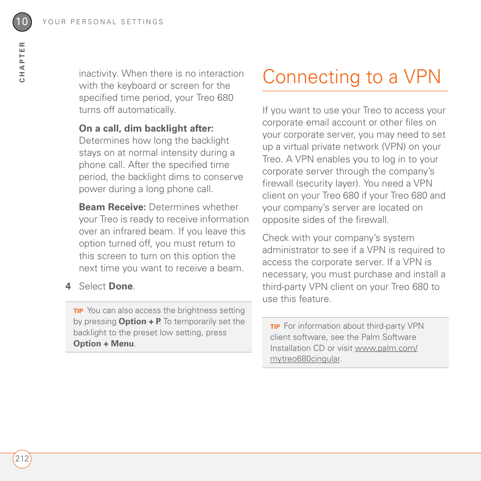 Connecting to a vpn | Palm 680 User Manual | Page 218 / 312