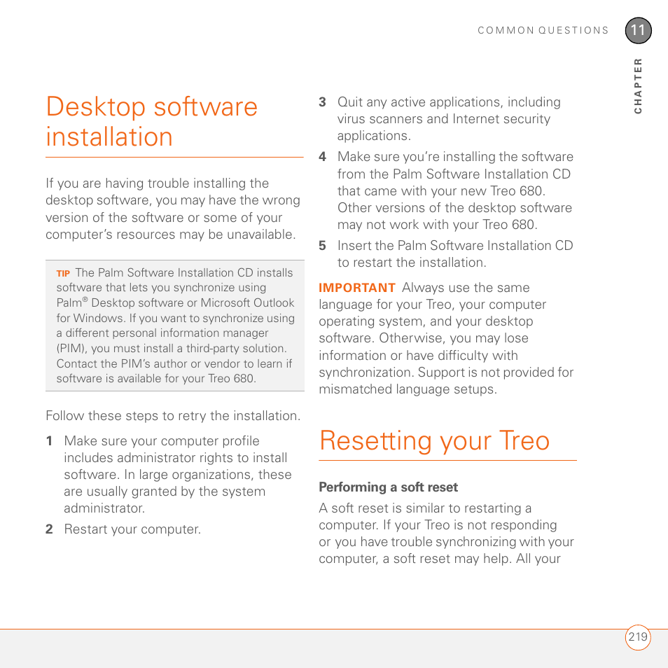 Desktop software installation, Resetting your treo, Performing a soft reset | Palm 680 User Manual | Page 225 / 312