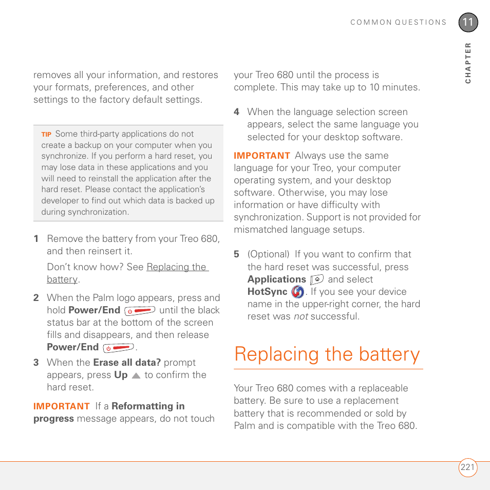 Replacing the battery | Palm 680 User Manual | Page 227 / 312