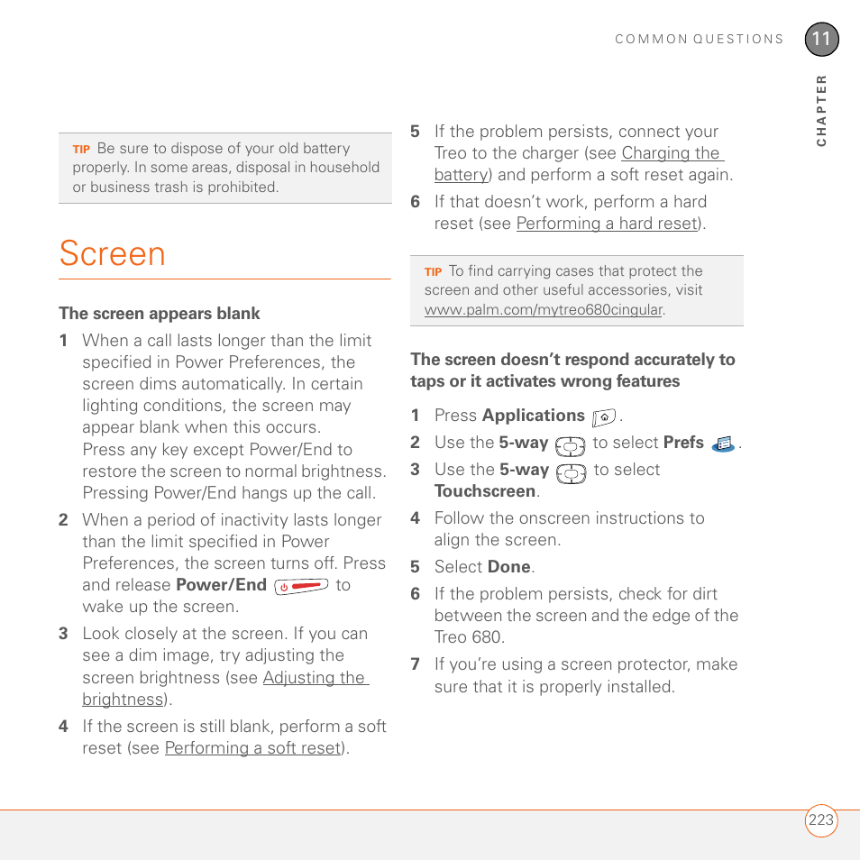 Screen, The screen appears blank | Palm 680 User Manual | Page 229 / 312